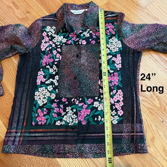 Vintage Black Vivid Floral Print Polyester Blouse by Personal Leslie Fay Size 12 - Picture 5 of 7